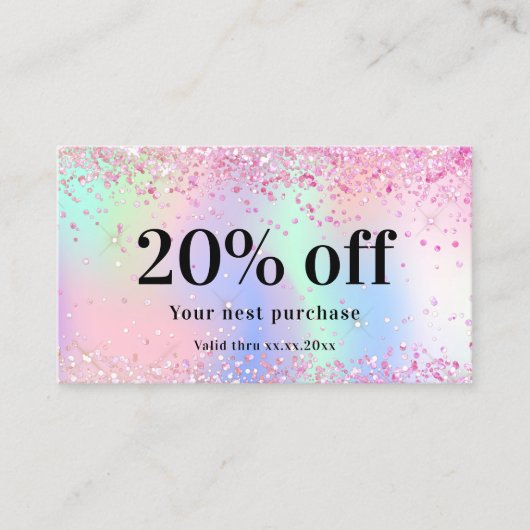 ピンクのホログラフィー紫色のスパークリークqrコード業務 割引カード (正面)