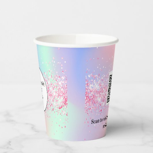 ピンクのホログラフィ企業のックビジネスロゴqrコード 紙コップ (左)