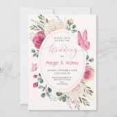 ピンクのホワイトウォーター色のフローラ結婚バラ 招待状 (正面)