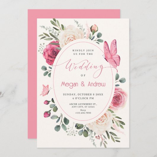 ピンクのホワイトウォーター色のフローラ結婚バラ 招待状 (正面/裏面)