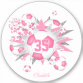 ピンクのホワイトサッカーボールのパンクで女の子の名前 シール (正面)