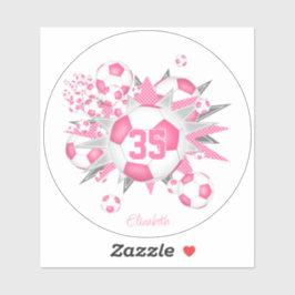 ピンクのホワイトサッカーボールのパンクで女の子の名前 シール