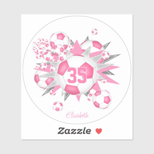 ピンクのホワイトサッカーボールのパンクで女の子の名前 シール (シート)