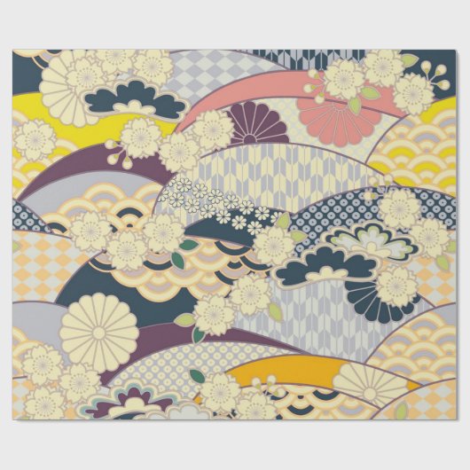 ピンクのホワイトブルーの着物日本のフローラの切り離し ラッピングペーパー (フラット)