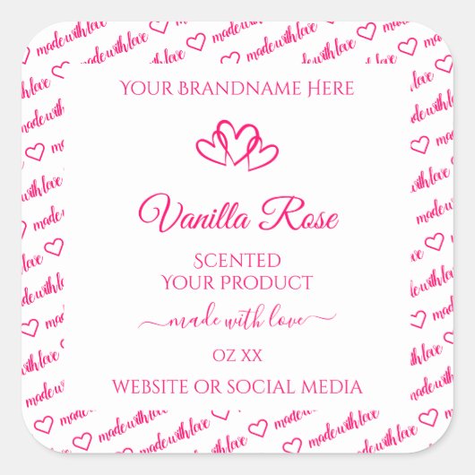 ピンクのホワイトワードクラウドフレーム製品ラベルのハート スクエアシール (正面)