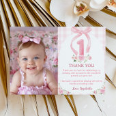 ピンクのボウが付いたコケティッシュな誕生日お礼のカードです サンキューカード