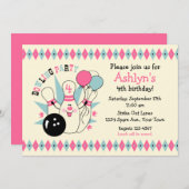 ピンクのボウリングピン誕生日 招待状 (正面/裏面)