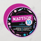 ピンクのボウリングボール ネオン 誕生日パーティー招待状 招待状 (正面/裏面)