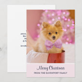 ピンクのボウ＆ツリーの可愛いクリスマス犬の写真 シーズンカード (正面/裏面)