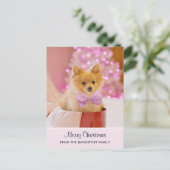 ピンクのボウ&ツリーの可愛いクリスマス犬の写真 ポストカード (スタンド正面)