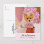 ピンクのボウ&ツリーの可愛いクリスマス犬の写真 ポストカード (正面/裏面)