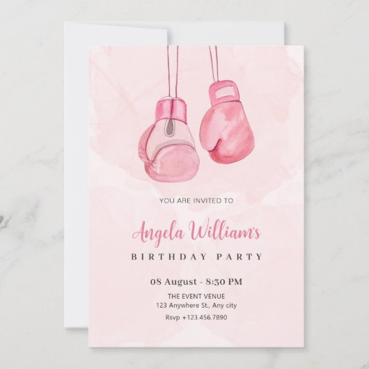 ピンクのボクシング手袋の誕生日 招待状 (正面)