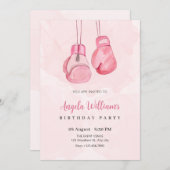 ピンクのボクシング手袋の誕生日 招待状 (正面/裏面)