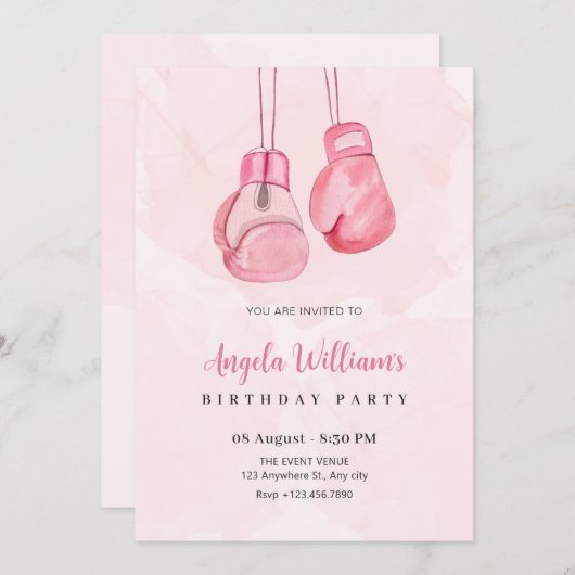 ピンクのボクシング手袋の誕生日 招待状 (正面/裏面)