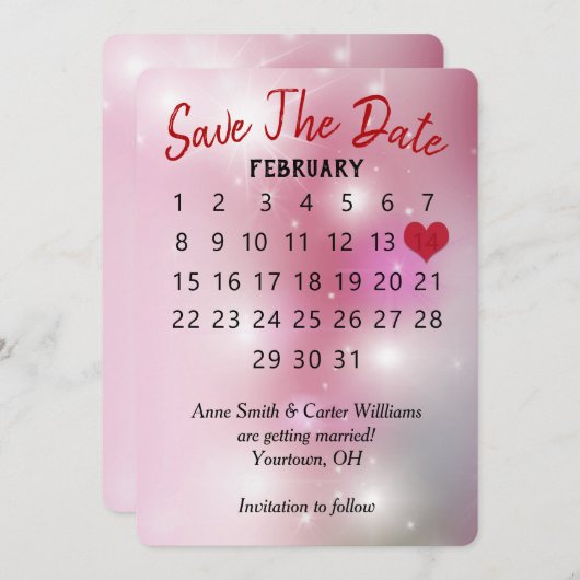 ピンクのボケで「Save the Date」ウェディングカレンダー 招待状 (正面/裏面)