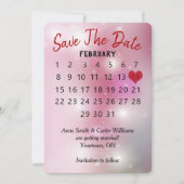 ピンクのボケで「Save the Date」ウェディングカレンダー 招待状 (正面)