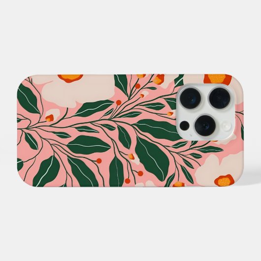 ピンクのボタニカルフラワーモチーフのスマホケース iPhoneケース (裏面横)