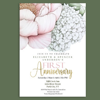 ピンクのボタンが可愛い結婚1周年記念 招待状