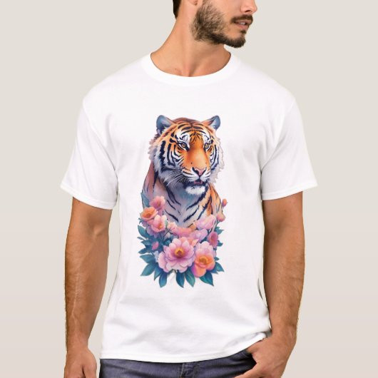 ピンクのボタンとともに描かれた雄大なトラの肖像 Tシャツ (正面)