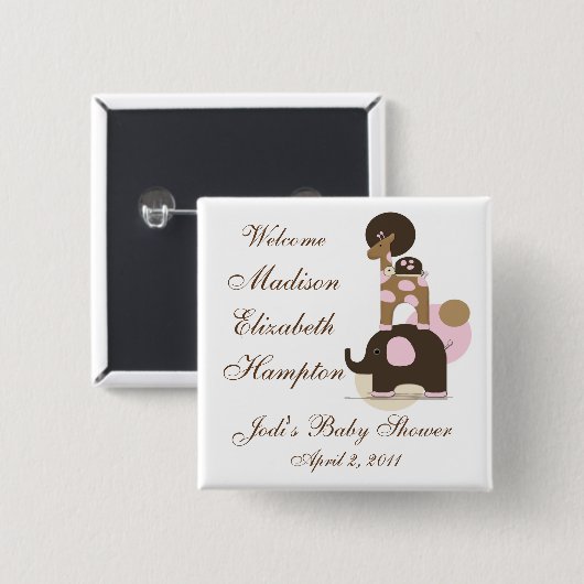 ピンクのボタンを使った動物のパーソナライズされたぬいぐるみ 缶バッジ (正面&裏面)