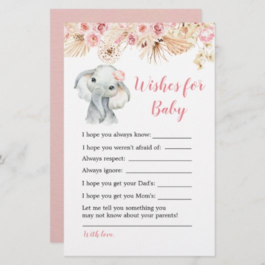 ピンクのボホエレファントベビーシャワーがベビーを願う (正面/裏面)