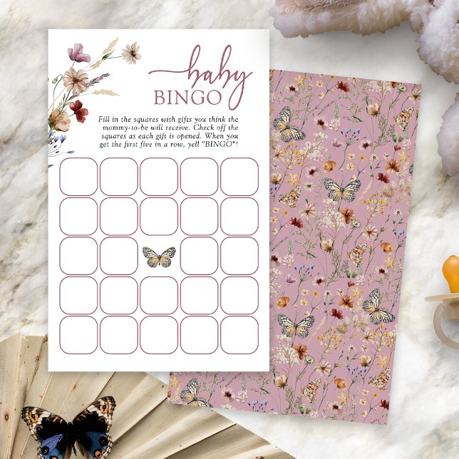 ピンクのボホベイビービンゴゲーム (Dusty Pink Boho Baby Bingo Game Card with Butterfly by Painted Paperie
)