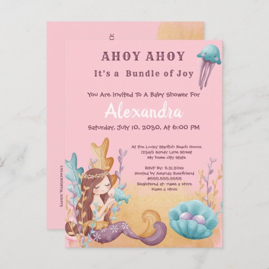 ピンクのボホ人魚、海女の子のベビーシャワーの下 インビテーションポストカード (正面/裏面)