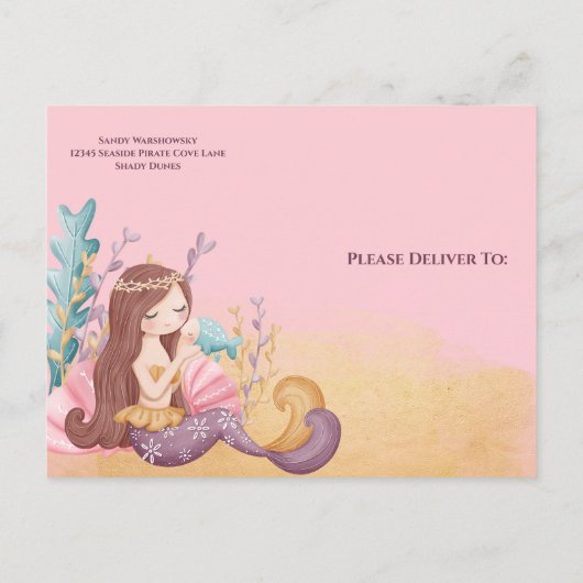 ピンクのボホ人魚、海女の子のベビーシャワーの下 インビテーションポストカード (裏面)
