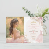 ピンクのボホ フラワー キンセアニエラ 15歳の誕生日写真 招待状 (スタンド正面)