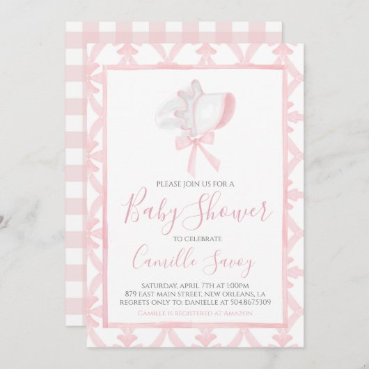 ピンクのボンネットガールベビーシャワー南名門私立校風の部 招待状 (正面/裏面)