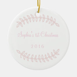 ピンクのボーダーベビーの初めてのクリスマスのオーナメント セラミックオーナメント