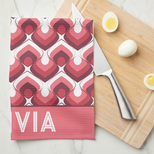 ピンクのボールドレトロモダンモチーフ キッチンタオル (四つ折り)