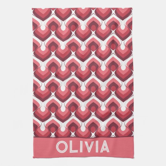 ピンクのボールドレトロモダンモチーフ キッチンタオル (縦)