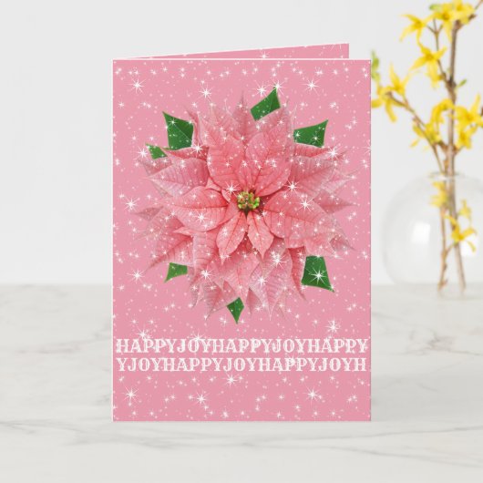 ピンクのポインセチアのカスタムな休日のクリスマスの挨拶 カード (黄色い花)