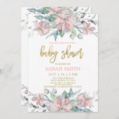 ピンクのポインセチアのクリスマスベビーシャワーガール 招待状 (正面/裏面)