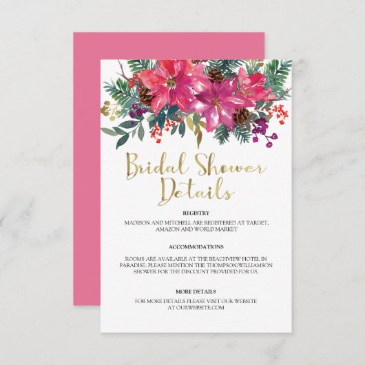 ピンクのポインセチアのクリスマス ブライダルシャワー エンクロージャーカード (正面/裏面)