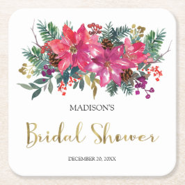 ピンクのポインセチアのクリスマス ブライダルシャワー スクエアペーパーコースター