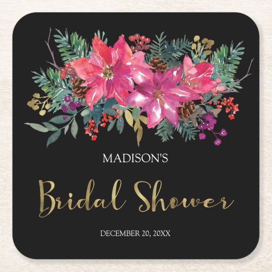 ピンクのポインセチアのクリスマス ブライダルシャワー スクエアペーパーコースター (正面)
