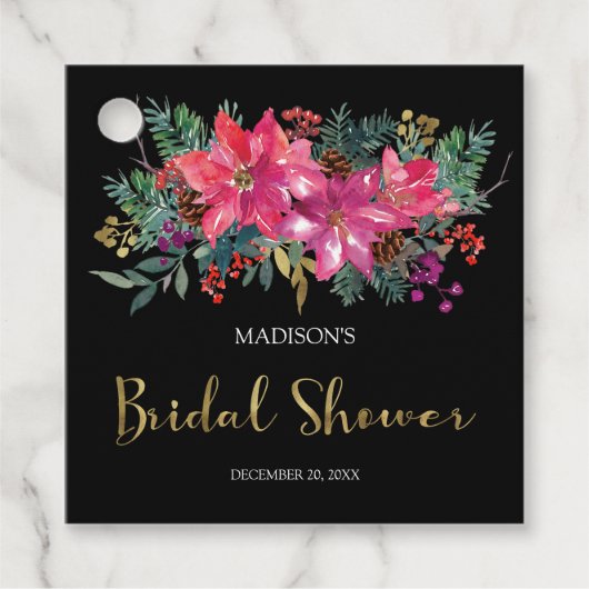 ピンクのポインセチアのクリスマス ブライダルシャワー フェイバータグ (正面)