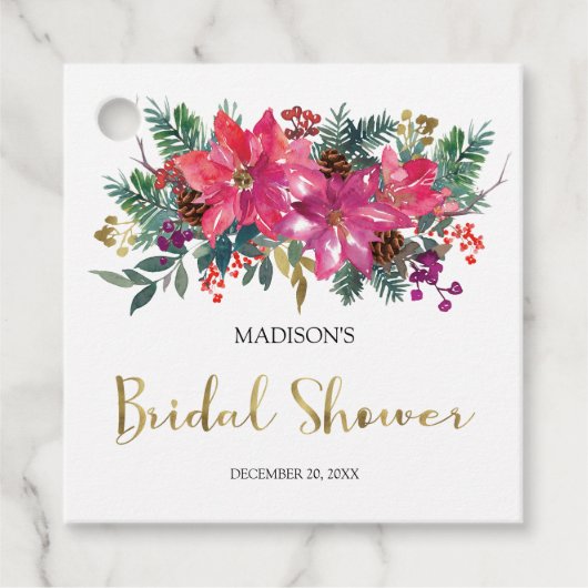 ピンクのポインセチアのクリスマス ブライダルシャワー フェイバータグ (正面)