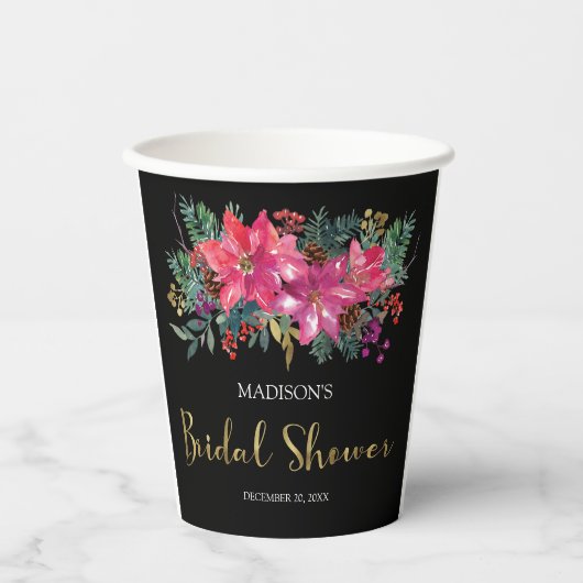 ピンクのポインセチアのクリスマス ブライダルシャワー 紙コップ (正面)