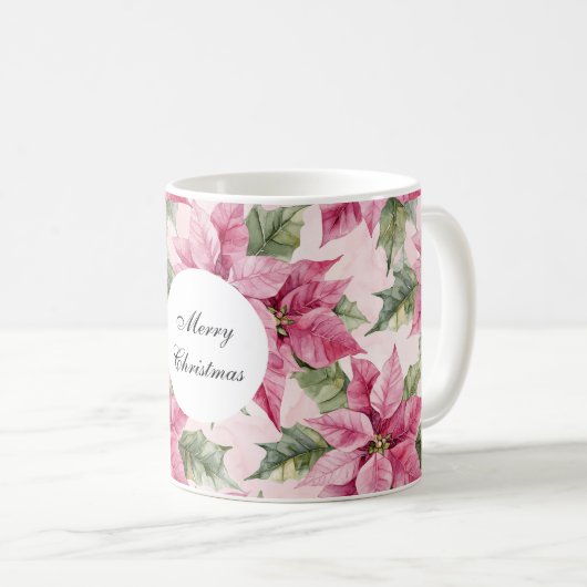 ピンクのポインセチア花クリスマス コーヒーマグカップ (正面右)