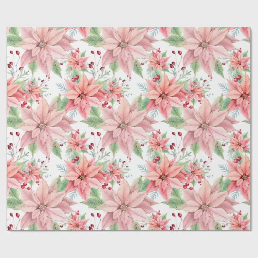 ピンクのポインセティアスのクリスマスフラワーパターン ラッピングペーパー (フラット)