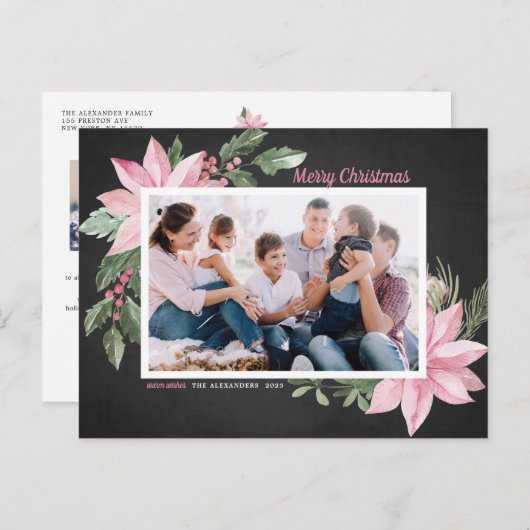 ピンクのポインセティアスChalkboardメリークリスマスフォト シーズンポストカード (正面/裏面)