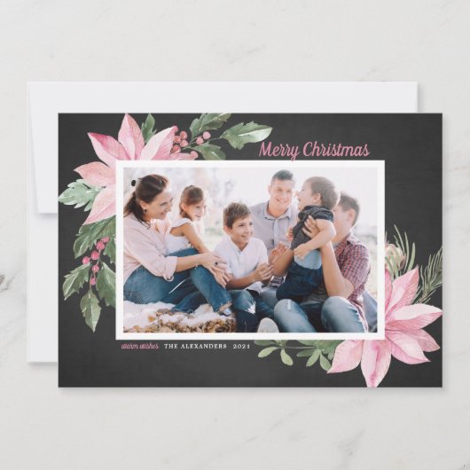ピンクのポインセティアスChalkboard写真メリークリスマス シーズンカード (正面)