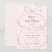 ピンクのポップで手描きのウェーブボウガールベイビーシャワー 招待状 (正面/裏面)