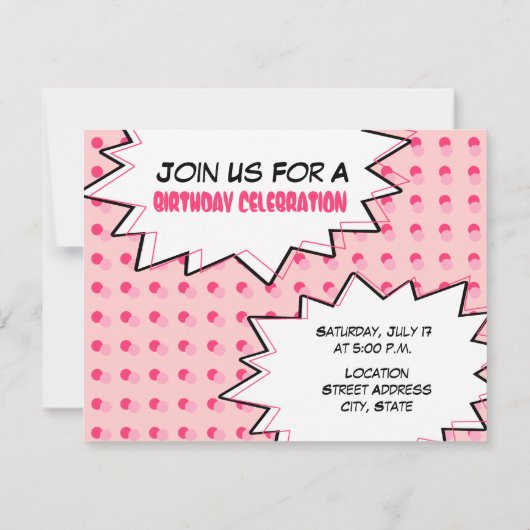 ピンクのポップアートの誕生日のパーティの招待状 招待状 (裏面)