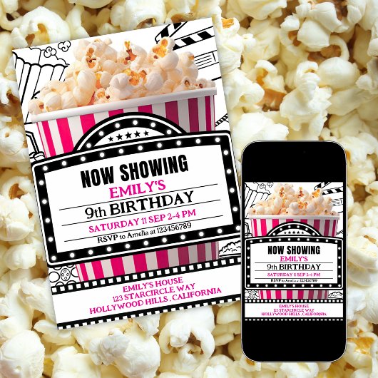 ピンクのポップコーンの映画鑑賞会パーティーの招待状 招待状