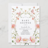 ピンクのポピーのワイルドフラワーバタフライベビーシャワー 招待状 (正面)