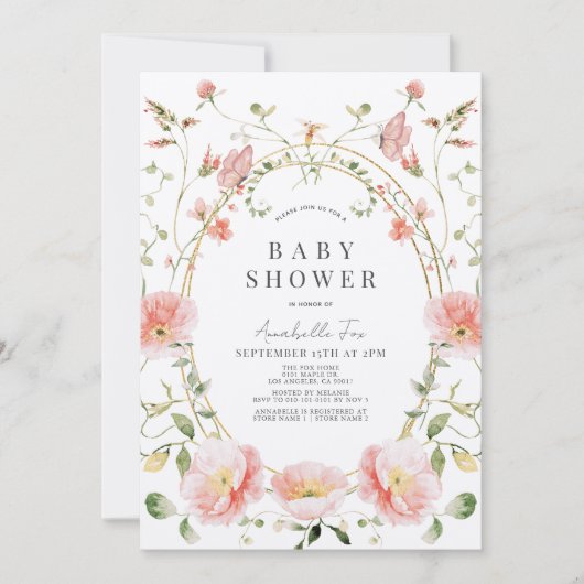 ピンクのポピーのワイルドフラワーバタフライベビーシャワー 招待状 (正面)
